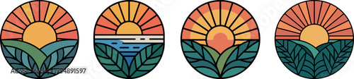 Four oval emblems with stylized sun and foliage sunrise