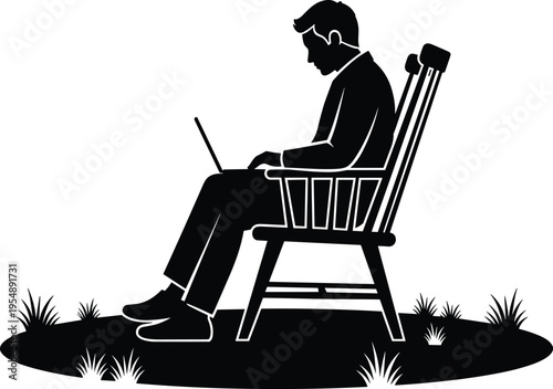 Man working on laptop silhouette while sitting on chair outdoors isolated on white background, remote work, freelance lifestyle, digital nomad, productivity concept illustration