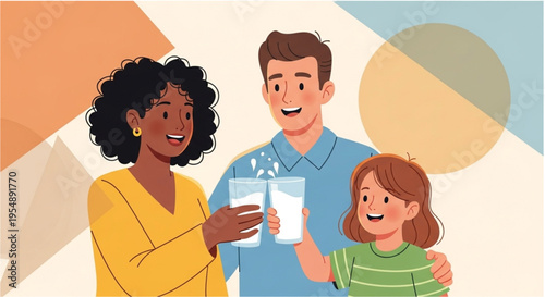 Diverse family at home toasting with glasses of healthy milk.