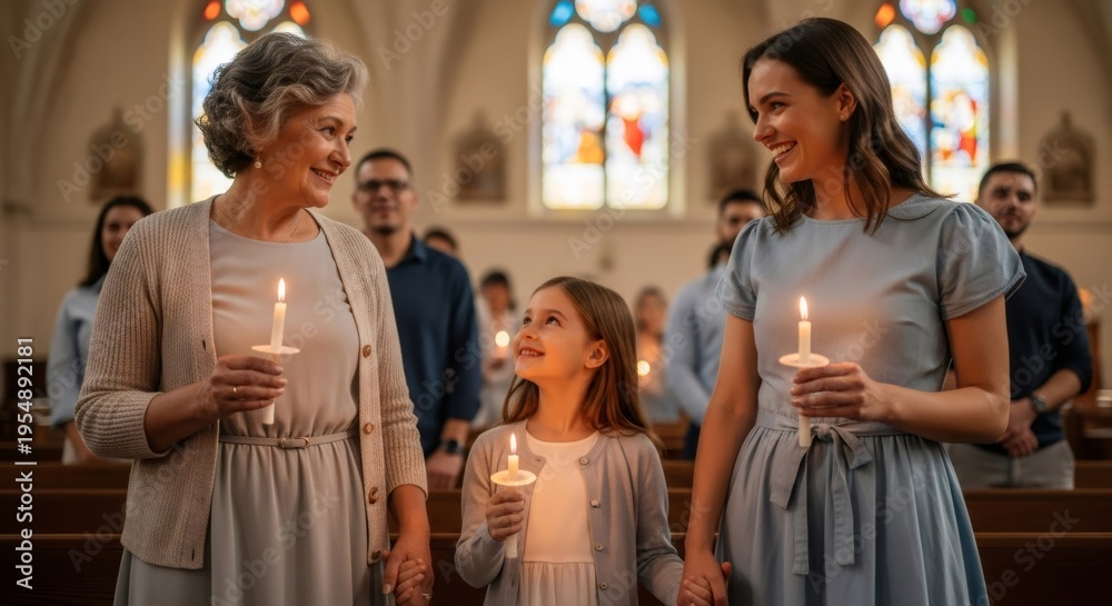 Naklejka premium Multigenerational women with lit candles attending church service. Christian family tradition and worship for Easter or Good Friday.