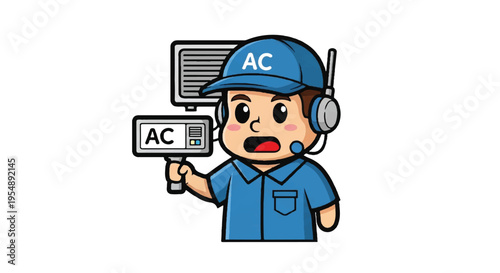 Air conditioning technician cartoon character with equipment isolated
