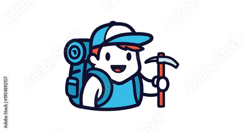 Cartoon traveler hiking illustration backpack pickaxe white background
