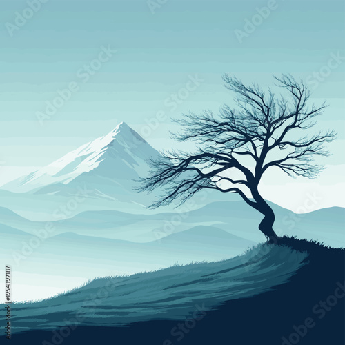 Windswept tree standing alone on a grassy hill with a dramatic snow-covered mountain peak in the background under moody skies , vector style simple color