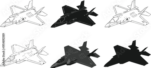 Military fighter jet illustration set showing multiple angles and silhouettes isolated on white background, modern aviation aircraft design concept for defense technology graphics