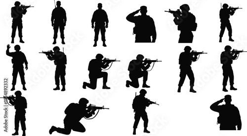 Military soldier silhouettes set, army infantry figures in shooting, kneeling, and saluting poses, isolated black vector illustrations for tactical war combat design,