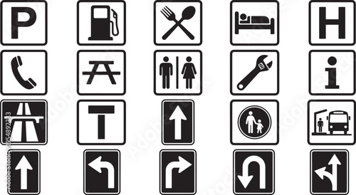 Array of diverse road signs, clear and informative, navigate seamlessly through varied settings.