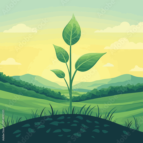 Giant green sprout rising above farmland at sunrise, symbolizing renewable energy, sustainability, and environmental growth , vector style simple color