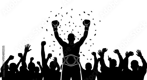 Champion Boxer Celebrating Victory with Cheering Crowd Silhouette