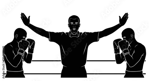 Boxing Match Referee Declaring Winner Between Two Fighters