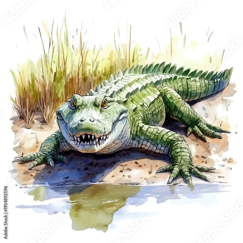 watercolor vector of Nile Crocodile, isolated on a white background.