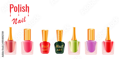 A set of colorful nail polishes on a white background