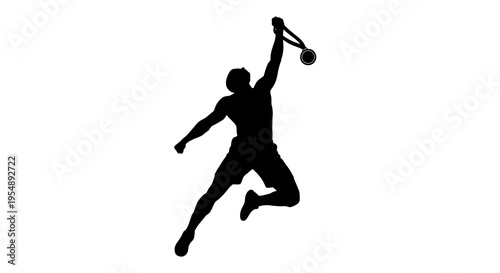 Silhouette of a Victorious Athlete Jumping with a Gold Medal