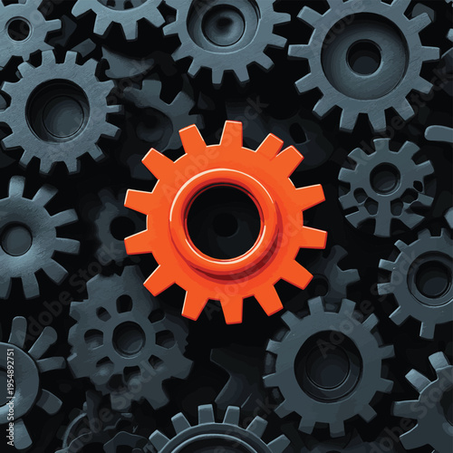 Orange gear standing out among black gears, symbolizing uniqueness, innovation, and the critical role of individuality in teamwork , vector style simple color