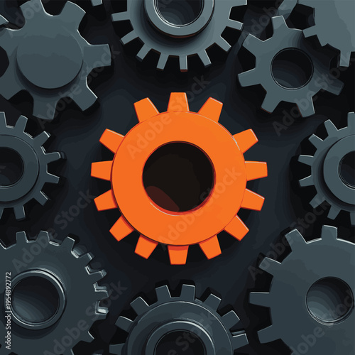 Orange gear standing out among black gears, symbolizing uniqueness, innovation, and the critical role of individuality in teamwork , vector style simple color