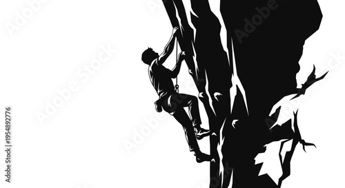 Silhouette of a Rock Climber Scaling a Steep Cliff Face
