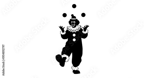 Black and White Juggling Clown Silhouette Illustration