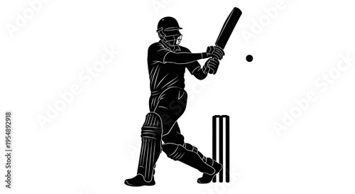 Black and White Silhouette of a Cricket Batsman Hitting a Ball