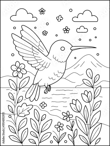 Cute Hummingbird and Flowers Nature Line Art for Coloring