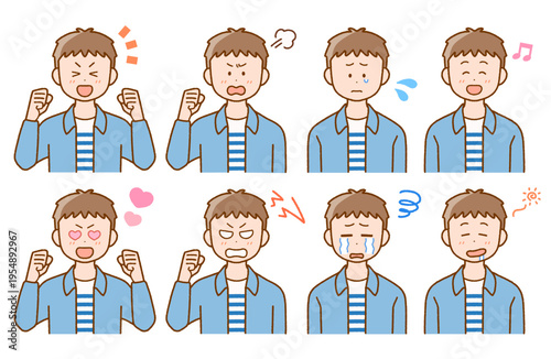 若い男性の喜怒哀楽イラストセット｜表情・コミカル
