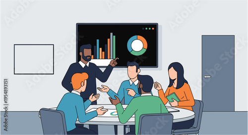 Diverse team meeting in modern office with screen display for business presentation