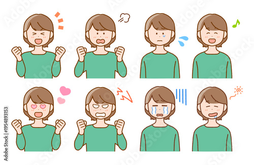若い女性の喜怒哀楽イラストセット｜表情・コミカル