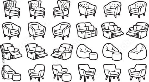 A collection of diverse chairs showcasing different styles and designs, in a monochromatic illustration with focus on interior decor, furniture.