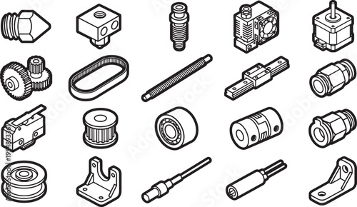 An illustrative collection of 3D printer parts, illustrating the intricate components of this innovative technology. 
