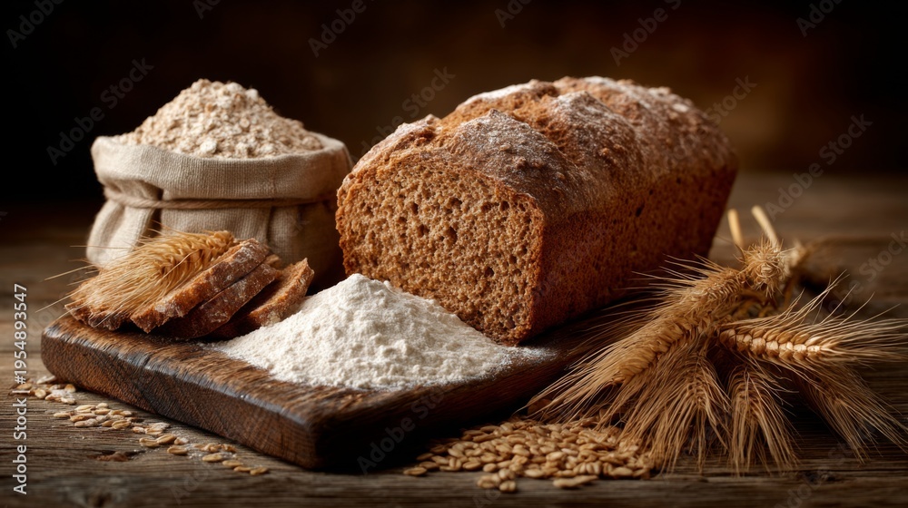Fototapeta premium Freshly Baked Whole Grain Bread on Wooden Board with Wheat, Flour, and Grain in Rustic Kitchen Setting for Culinary or Food Photography
