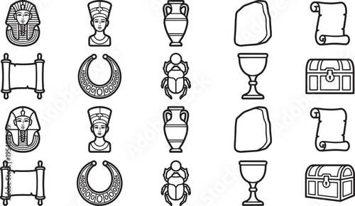 Ancient Egyptian icons and hieroglyphs, a minimalist illustration, symbolizing the mysteries of ancient Egypt.