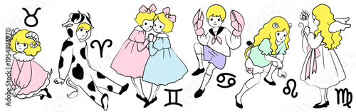 擬人化した１２星座のベクターイラスト「おひつじ座」「おうし座」「ふたご座」「かに座」「しし座」「おとめ座」