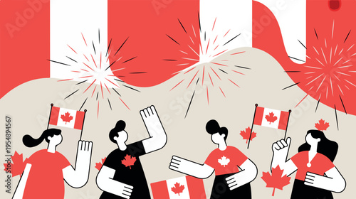 People celebrating with Canadian flags and maple leaves