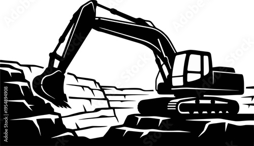 Excavator Digging in Open-Pit Quarry Silhouette Vector Illustration