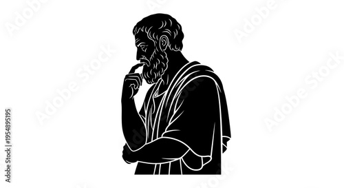 Black and White Illustration of a Pensive Ancient Greek Philosopher