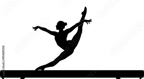 Black Silhouette of a Female Gymnast Performing a Split Leap on a Balance Beam