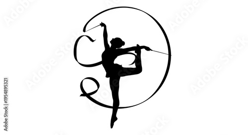 Black Silhouette of Rhythmic Gymnast with Ribbon