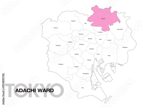 東京都足立区の位置地図 区名有り(英語) 04