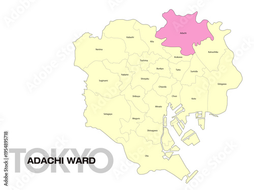 東京都足立区の位置地図 区名有り(英語) 01