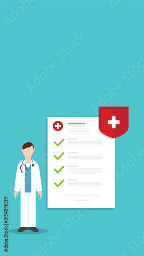 Health Insurance Concept with Doctor Medical Checklist Coverage Protection Healthcare Service Flat Vector Illustration