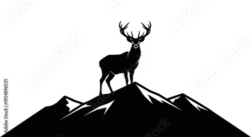 Deer on mountain peak silhouette.