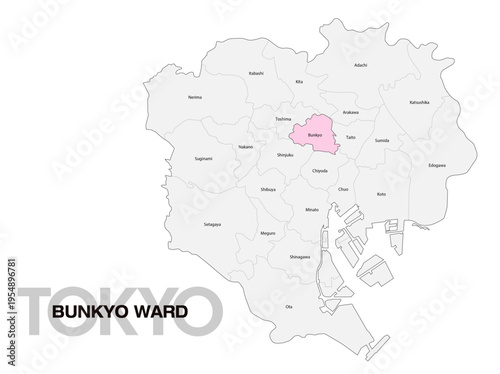 東京都文京区の位置地図 区名有り(英語) 02