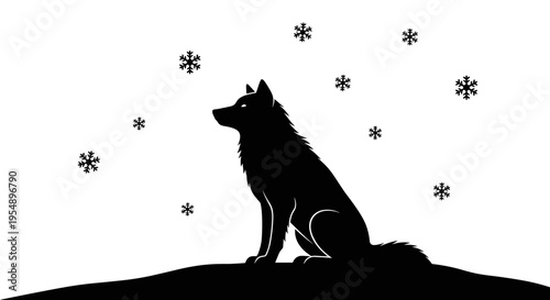 Dog Sitting in Snow Flakes.