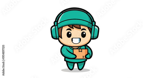 Cartoon delivery person holding package vector illustration