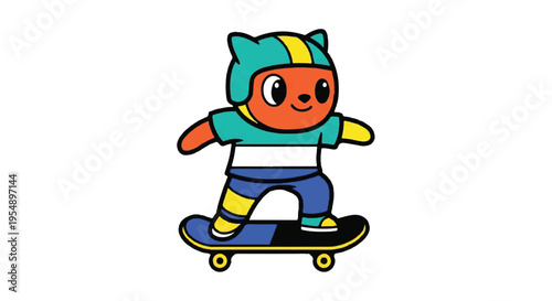 Cartoon character skateboarding on white background