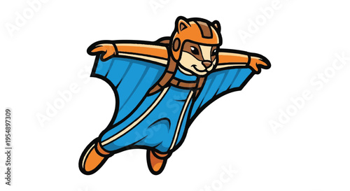 Cartoon weasel in skydiving suit flying against white background