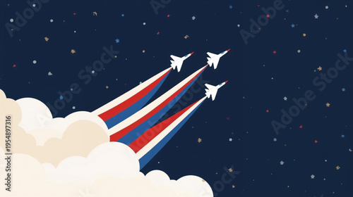 illustration of patriotic scene featuring three white jets soaring upward from a fluffy white cloud leaving trails of vibrant red, white, and blue smoke against a deep navy night sky