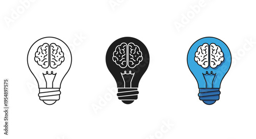 Three brain and lightbulb icons representing creative thought and intelligence