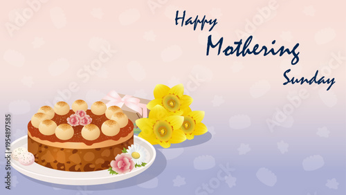 Simnel cake with daffodil and spring flowers for Mothering Sunday, romantic vector illustration on lavender gradient, horizontal