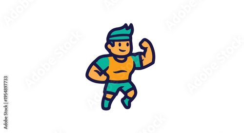 Cartoon athlete flexing muscles isolated on white background