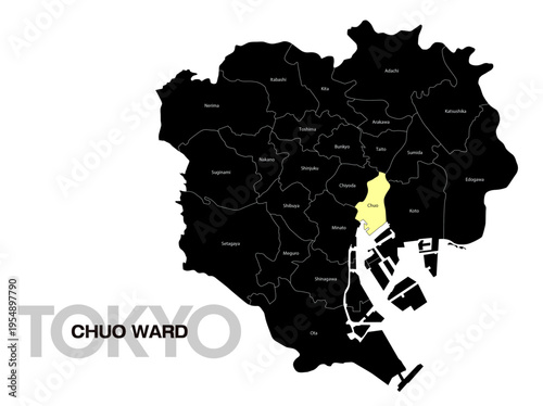 東京都中央区の位置地図 区名有り(英語) 03