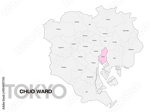 東京都中央区の位置地図 区名有り(英語) 02